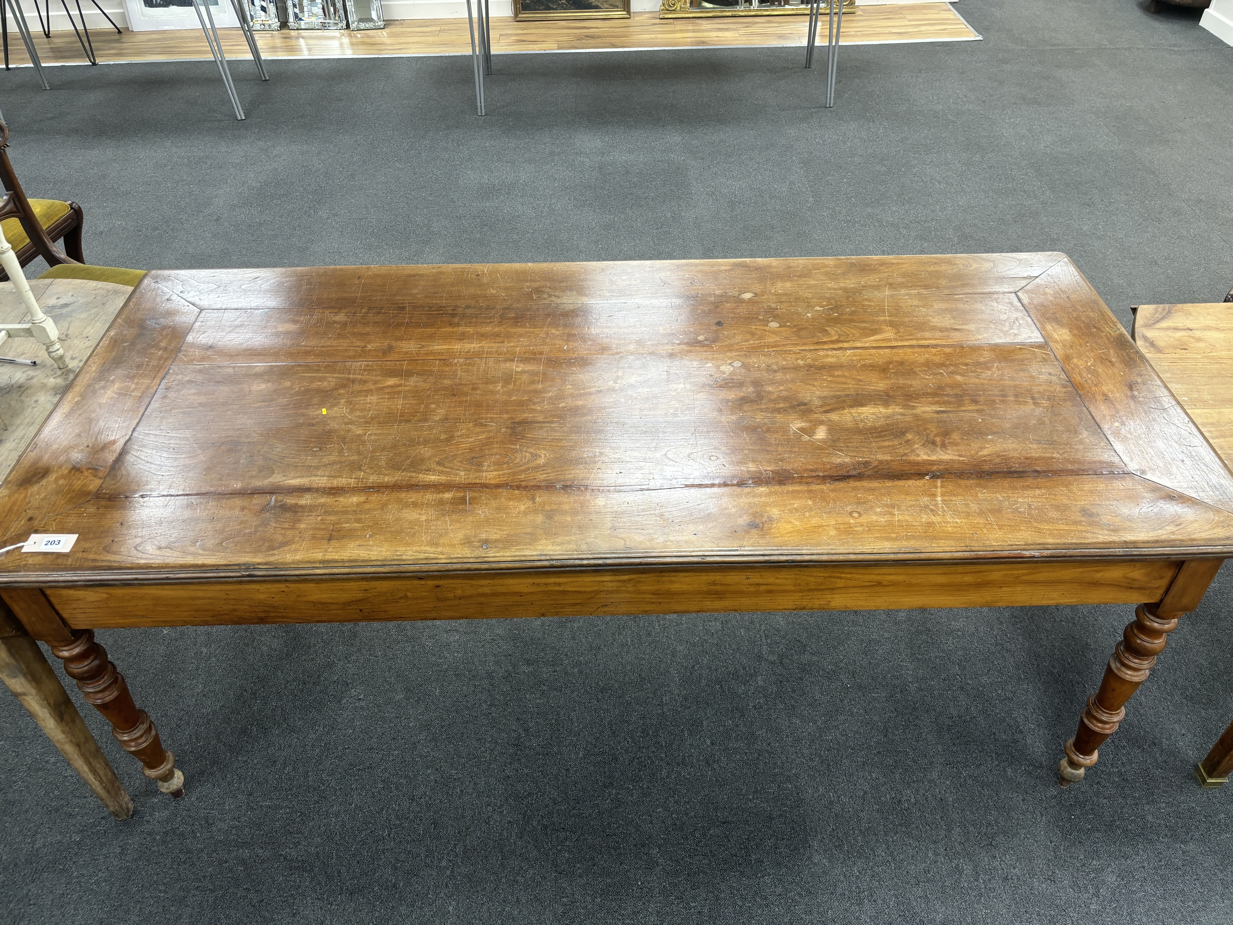 A 19th century French rectangular cherry kitchen table with slide and drawer, width 198cm, depth 88cm, height 78cm